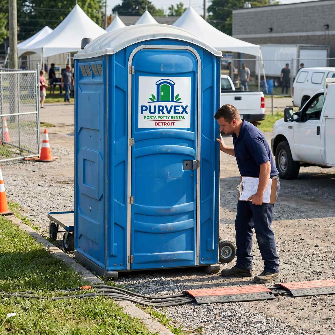 Purvex Porta Potty Rental Detroit technician servicing a portable restroom